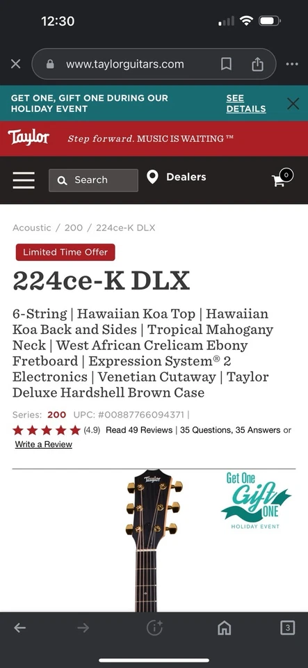 Taylor 224ce-K DLX Grand Auditorium Acoustic-Electric Guitar with Hard Case - Image 2 of 4