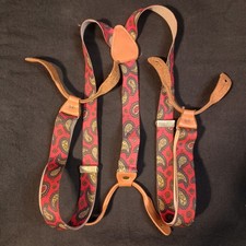 VNTG Suspenders Braces Men's Red Paisley Print Brown Leather Tabs
