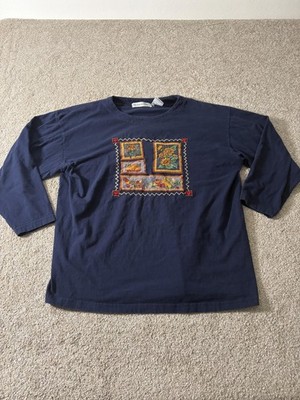 Victoria Jones Shirt Womens Large Navy 3/4 Sleeve Embroidered Fall Harvest