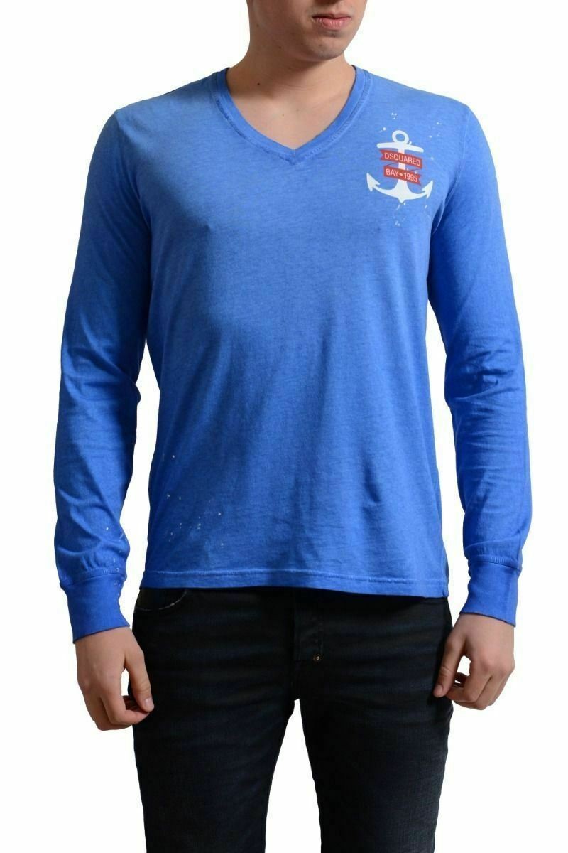Dsquared2 Mens Distressed Blue Long Sleeve V-Neck T-Shirt US S IT 48 20690₽