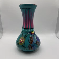 Hand Painted Mexican Folk Art Vase Tonala Style 8” Colorful Birds & Flowers
