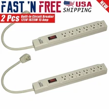 2x 1 FT 6 Outlets Safety Circuit Breaker Angle Plug AC Wall Power Strip Beige