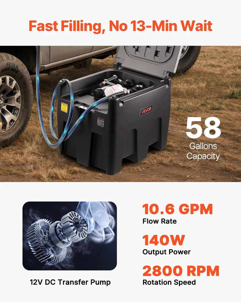 VEVOR Portable Diesel Tank 58 Gal Diesel Fuel Tank with 12V Transfer Pump 10 GPM Foto 3 de 4