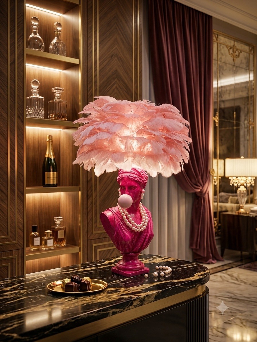 Lámpara Artesanal Busto Mujer Neoclásico Fucsia Con Pantalla De Plumas Naturales