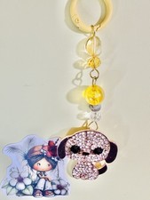 Sparkly Puppy Dog Keychain Rhinestone Dog Charm with Neutral Bead Accents