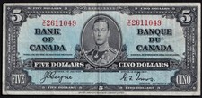 Canada 1937 $5 Five Dollar Banknote Coyne - Towers Y/C 2611049 King Geroge Note