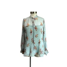 Pleione Long Sleeve Sheer Floral Front Tie Pleated Blouse Size Small