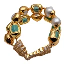 Green Turquoise White Pearl Gold Edge Bracelet Cubic Zirconia Pave Clasp 7.5"