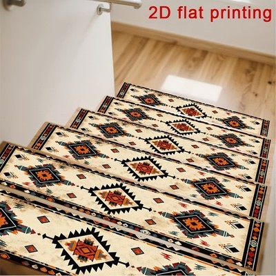 Retro Geometric Pattern Stair Mat, Non-Slip Step Mat, Protective Stair Carpet,