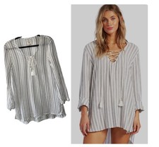 BILLBONG Swim Suit Coverup White Pin Stripe Hooded Lace Up Cotton Resort SZ M