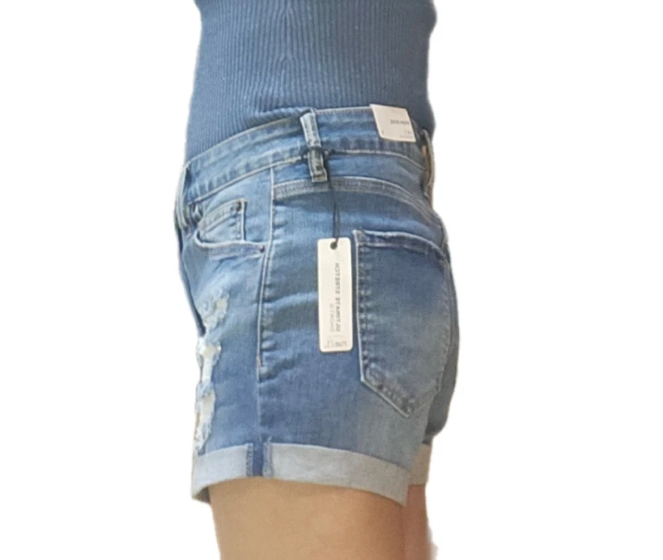 Pantalones cortos vaqueros/denim desgastados elásticos dobladillo enrollado tiro alto para mujer nuevos con etiquetas Foto 2 de 4