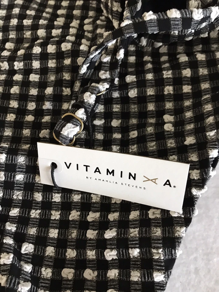 Nuevo con etiquetas Traje de baño Vitamin A para mujer 8M descarado de una pieza corte alto negro/blanco a cuadros EE. UU. Foto 3 de 4