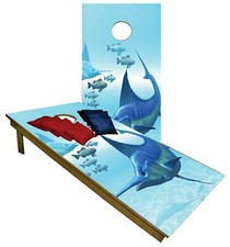 FISHING Custom Cornhole Boards BEANBAG TOSS GAME w Bags Blue Marlin Fish Set