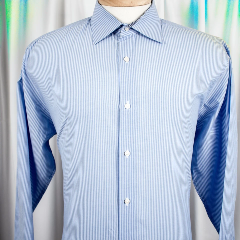 BEN SHERMAN Blue White Double Striped Men Dress Shirt Size 16.5 - Image 4 of 4