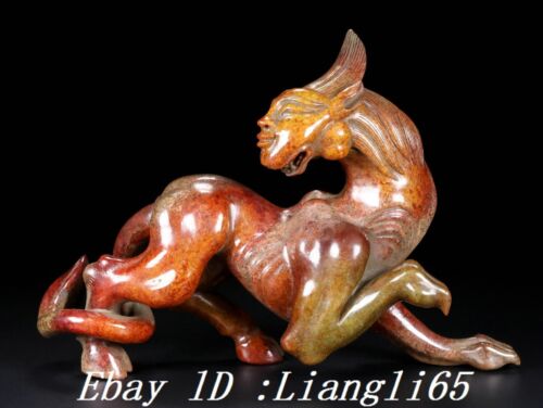 9" Han Natürliche Hetian Jade Carve Dragon People Face Beast Statue - Afbeelding 1 van 9