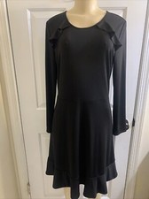 ANN TAYLOR Solid Black Stretch Knit Ruffle Detail Flared Flounce Dress Size S