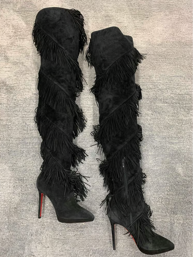 Christian Louboutin Bolcheva 120 Black Fringe Thigh High OTK Knee