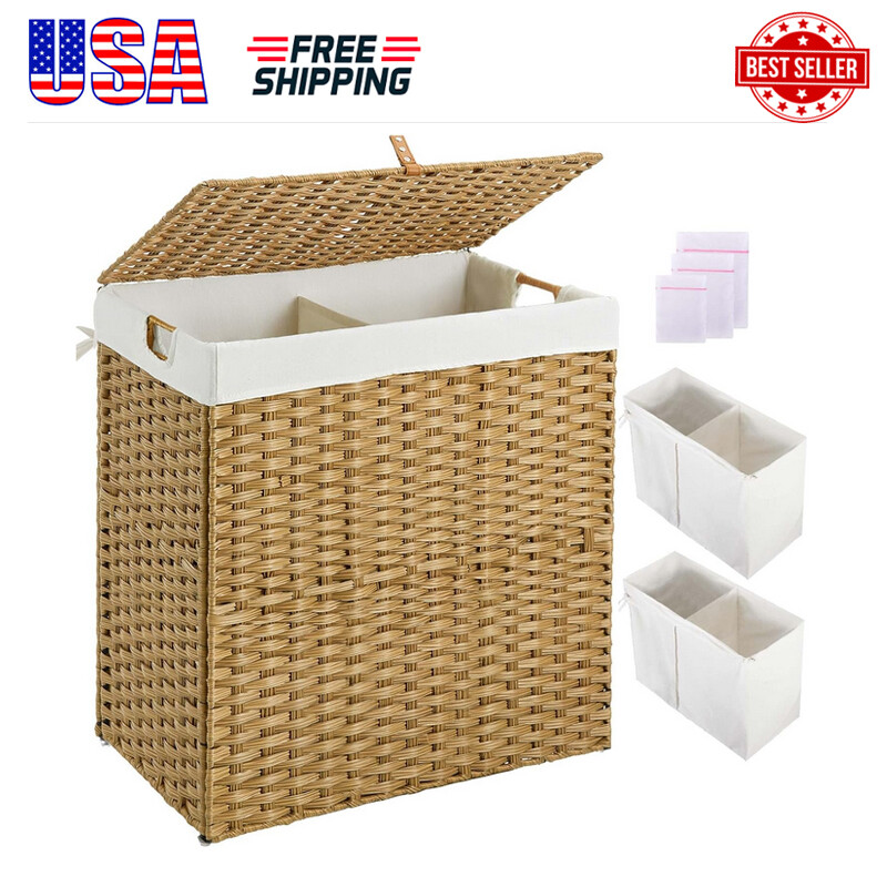 Foldable Wicker Laundry Hamper with Lid and 2 Removable Liner Bags for US Homes Storage-image