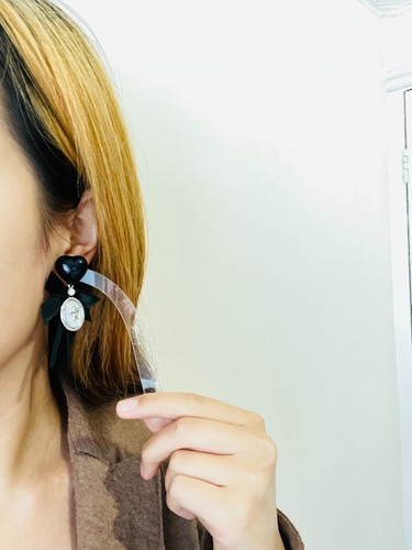 Black Heart Love Bow Silver Cupid Angel Moonstone Retro Pierced, Earrings Women - Picture 4 of 6