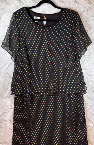 JBS Vintage Y2K Dress Women Petites 22WP Black Polka Dot Layered Lined Midi - Picture 3 of 11