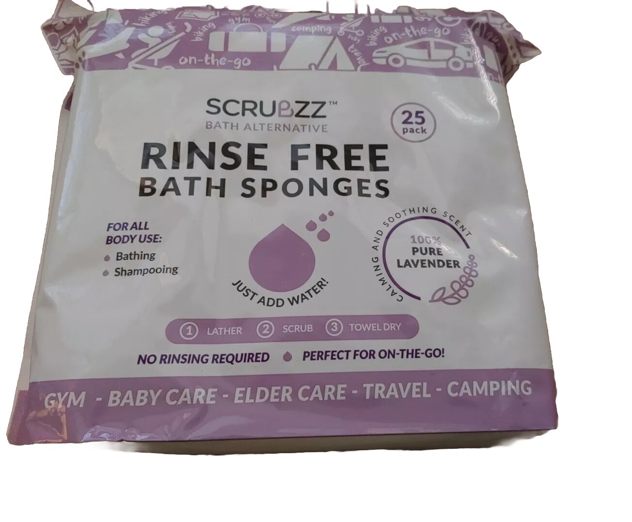 NEW Scrubzz Disposable No Rinse Wipes 25 Pack Lavender Camping Travel Vacation 