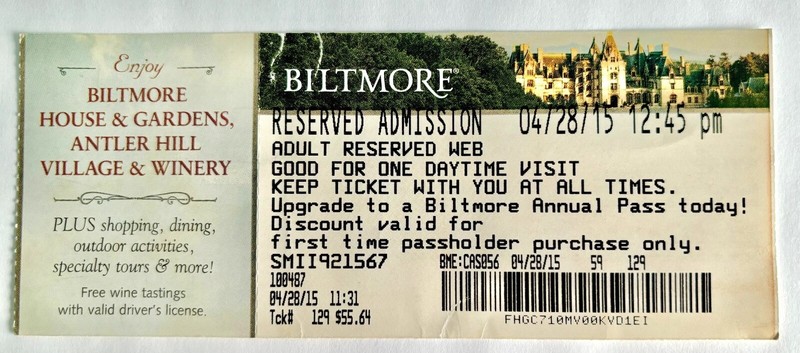 SHIPS FREE! 2015 Used ticket stub, BILTMORE House in Asheville, North Carolina