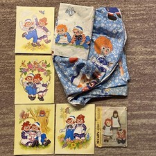 LOT Raggedy Ann Andy TWIN Fitted Sheet Mini Pillowcase Lithograph Prints Pattern