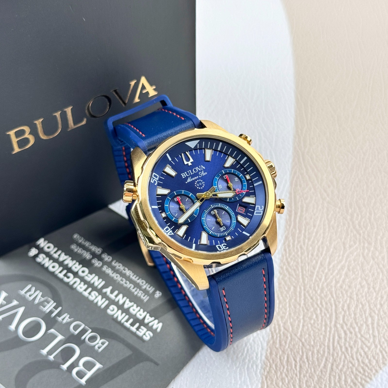 Bulova Men's Marine Star Blue Gold Dial Silicone Strap Chronograph ...