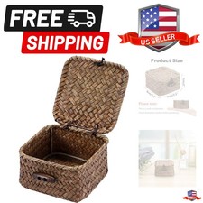 Small Seagrass Basket Wicker Shelf Baskets with Lid Mini Decorative Box Natur...