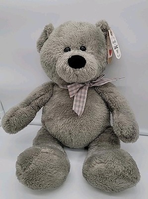 Ganz Gray Bear Plush Charly Stuffed Animal Soft 16'' Toy NWT Checker Bow 