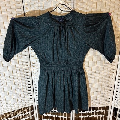 GAP Women Cottagecore Mini Puff Sleeve Pocket Smocked Dress Sz L Green/Teal Boho
