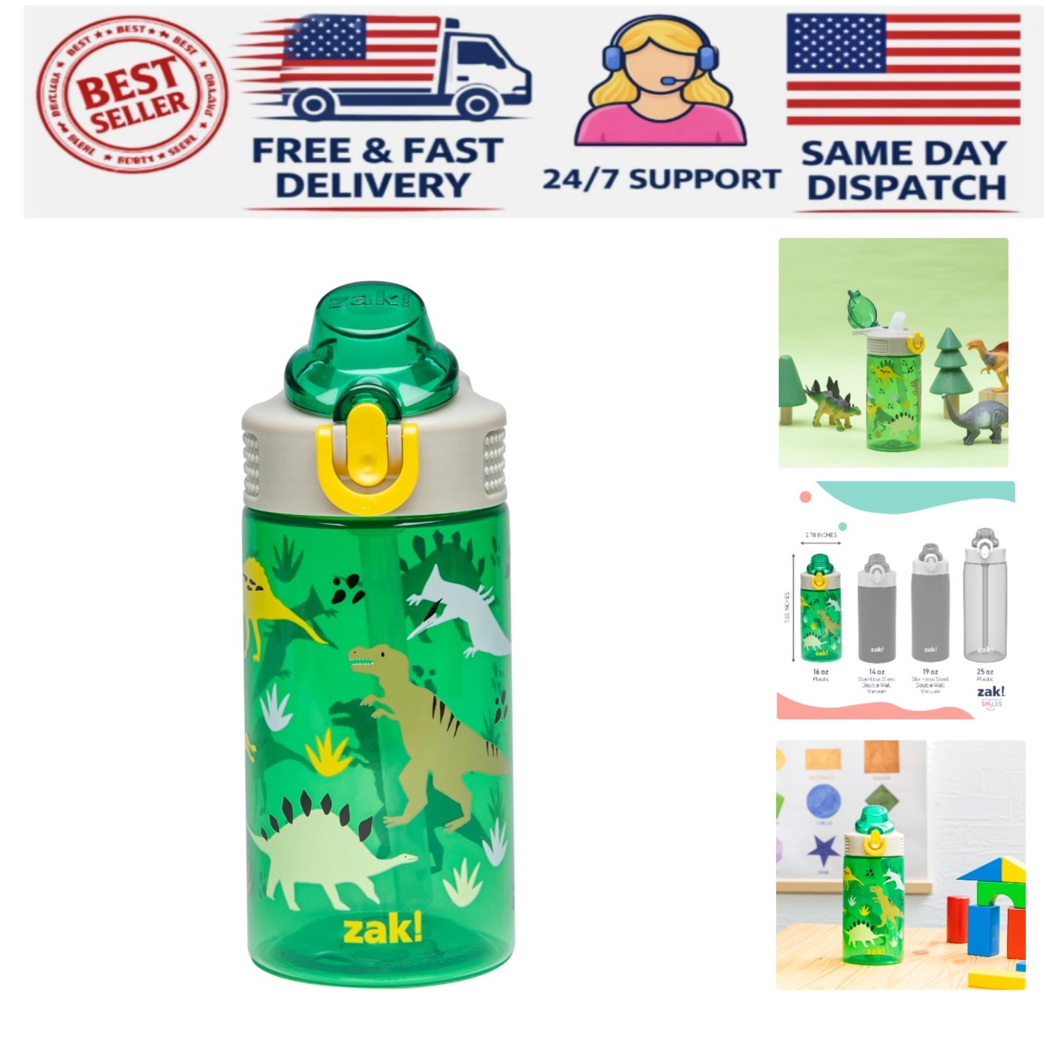Colorful Dino Water Bottle for Kids - 16oz with Removable St