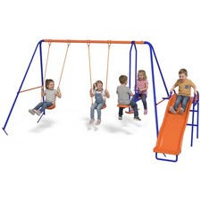 Outsunny 4 in 1 Metal Kids Swing Set w/ Double Swings, Glider, Slide, Ladder