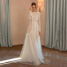 Tulle Evening Dress Lace O Neck Full Sleeves Prom Gowns A LIne Prom Party Dress