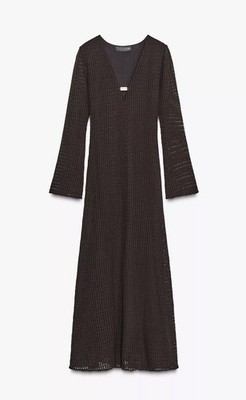 ZARA XS, S, NEW WOMAN CROCHET MIDI DRESS WITH HARDWARE BROWN