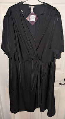 Ava & Viv 3X Plus Black  V Neck Solid Short Sleeve Midi Dress