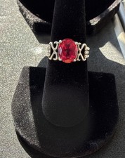 925 Scrolled Sterling Silver Lab Created Ruby Ring Sz 6