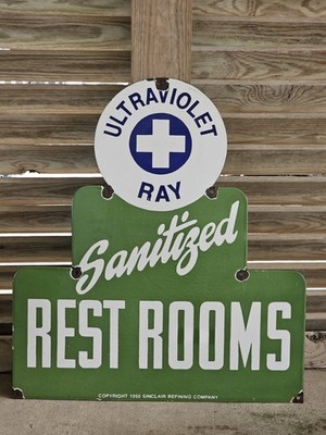 GIANT RARE  VINTAGE 1950'S SINCLAIR RESTROOM PORCELAIN ENAMEL  SIGN 30'' X 26.5