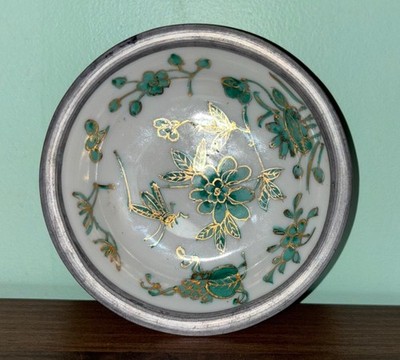 Japanese Porcelain Ware Pewter Encased Bowl Hong Kong ACE Green Gold Grasshopper
