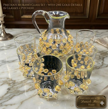DANIELE BIASIN MuranoGlass 24k Gold Leaf Gemmate Pitcher & 6 Glass Set Signed 20