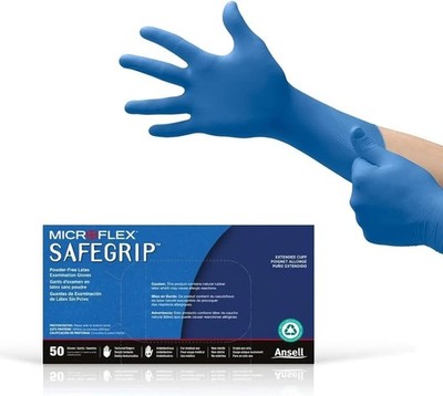 Ansell Microflex SafeGrip Latex Gloves Blue 12 mil Extended Cuff M 50 Medium