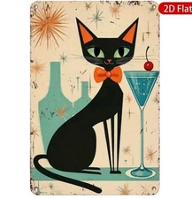 Vintage Black Cat Metal Sign Martini Glass Retro Wall Art 8x12 Home Bar Decor