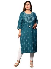 Plus Size Indian Stitched Women Kurta Blue Printed Tunic Cotton Top