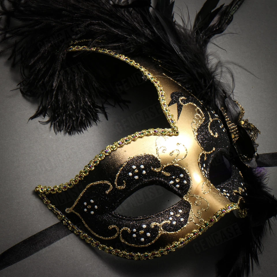 Gold Venetian Elegance Black Side Feather Glitter Masquerade Women Party Mask - Image 3 of 4