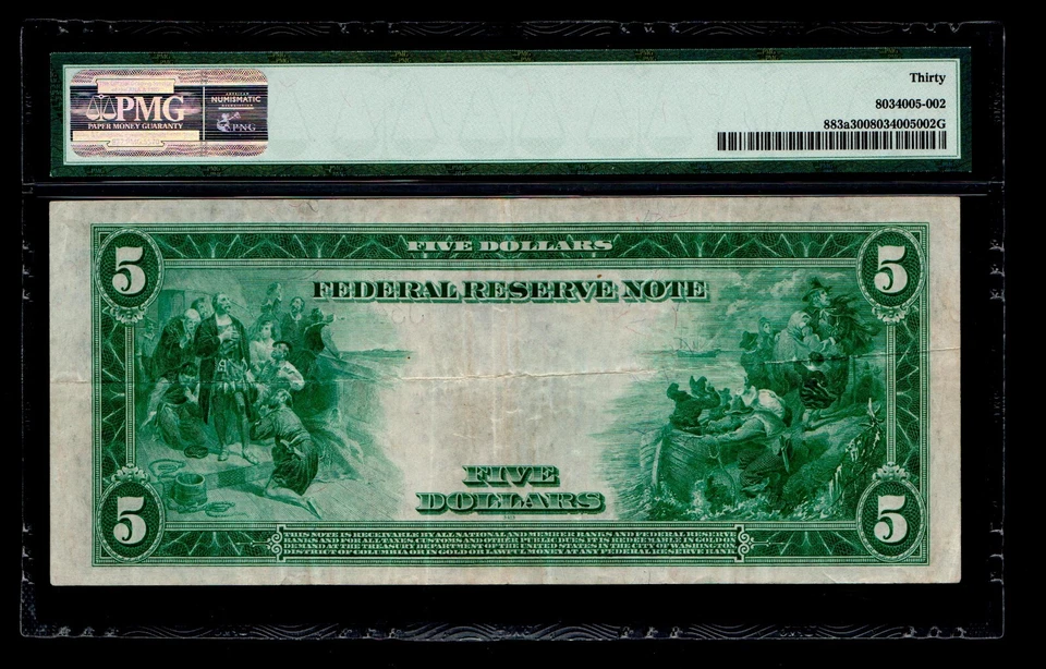 1914 $5 Federal Reserve Note Kansas City White Mellon PMG VF 30 - Image 2 of 2