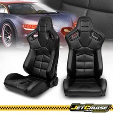 Universal Reclinable Racing Seat Muscle Style + Dual Slider x2 Black PU Leather