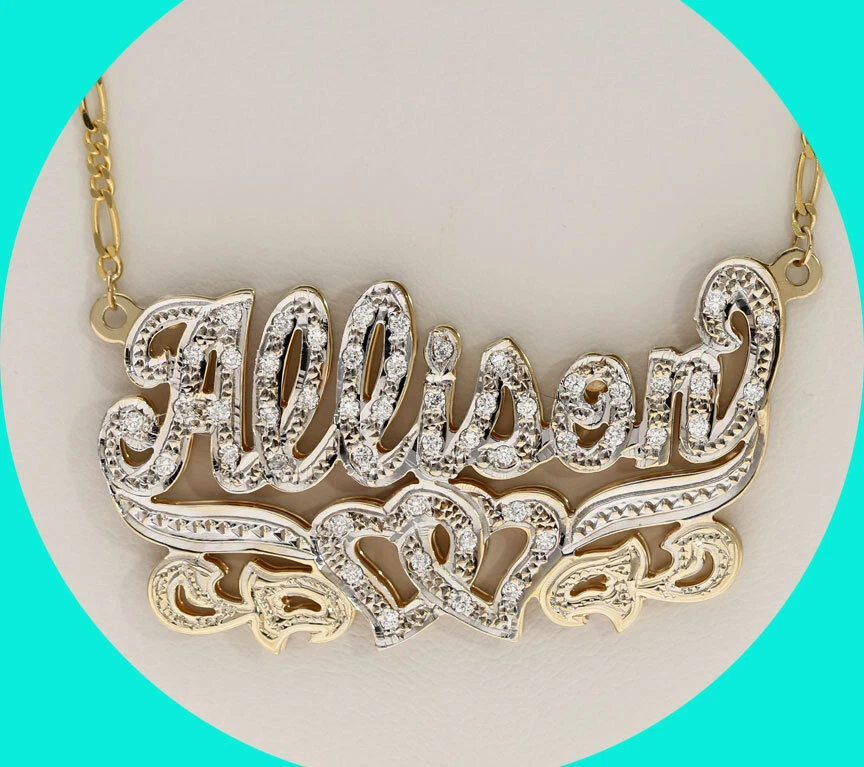 40CT Diamond Allison Nameplate Pendant Necklace 14K Gold 12.9GM 18