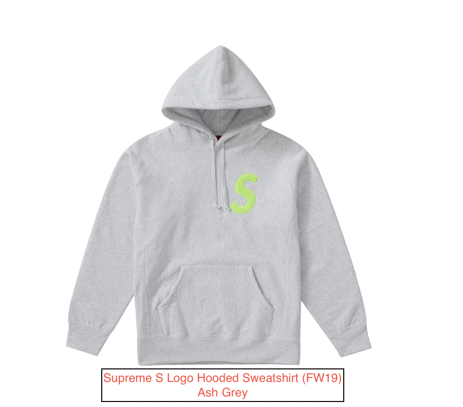 Supreme S Logo Hooded Sweatshirt (FW19) Ash Grey Size Large BRAND 