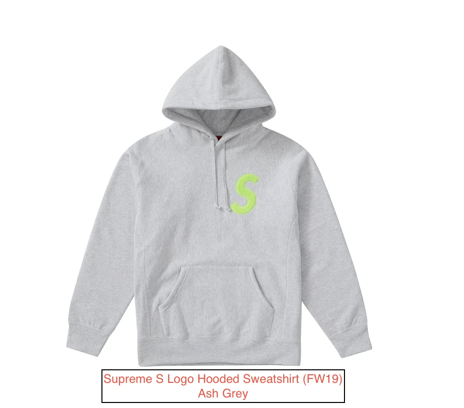Supreme S Logo Hooded Sweatshirt (FW19) Ash Grey Size Large BRAND NEW