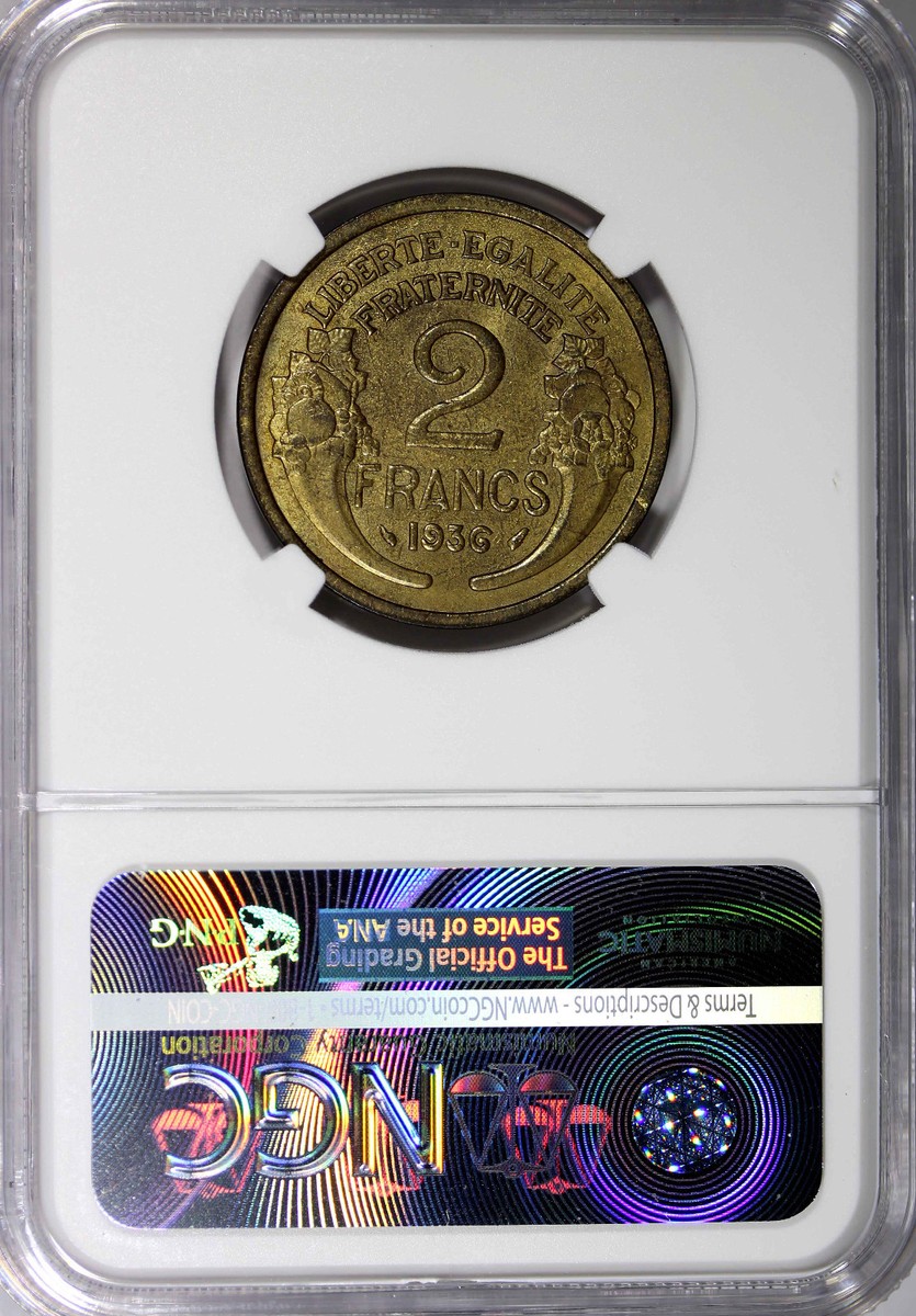 France Aluminum-Bronze 1936 2 Francs NGC MS63 TOP GRADED BY NGC KM